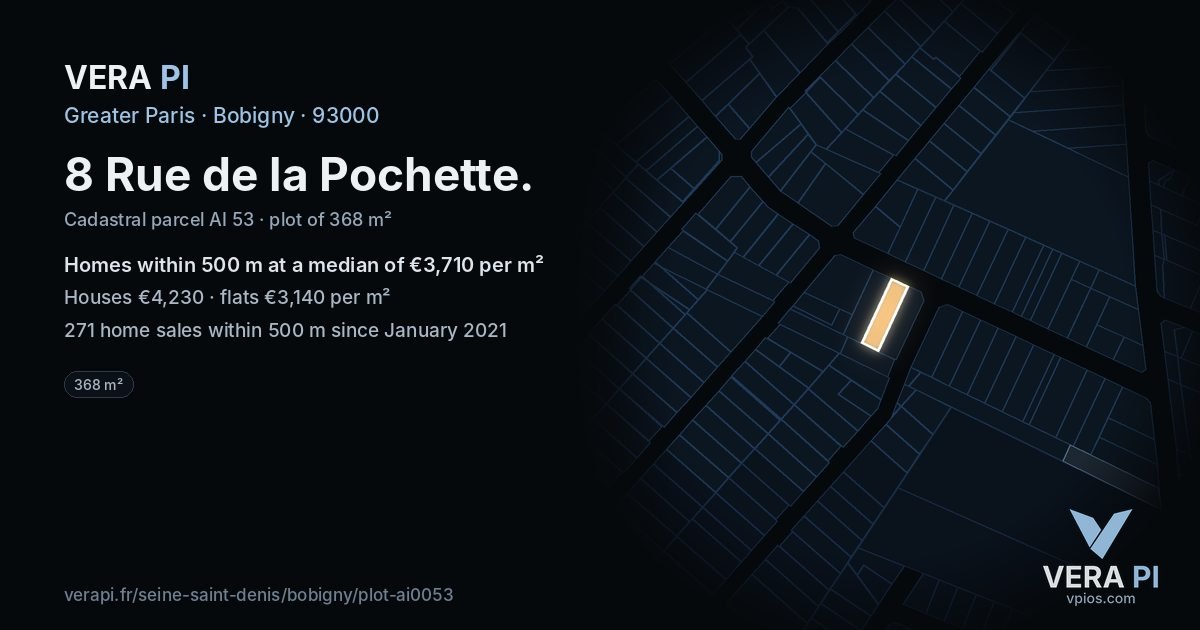 8 Rue de la Pochette, Bobigny at night – the plot lit, the parcels around coloured by the prices near them