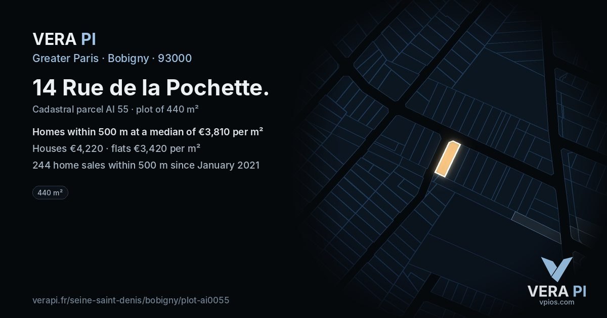 14 Rue de la Pochette, Bobigny at night – the plot lit, the parcels around coloured by the prices near them