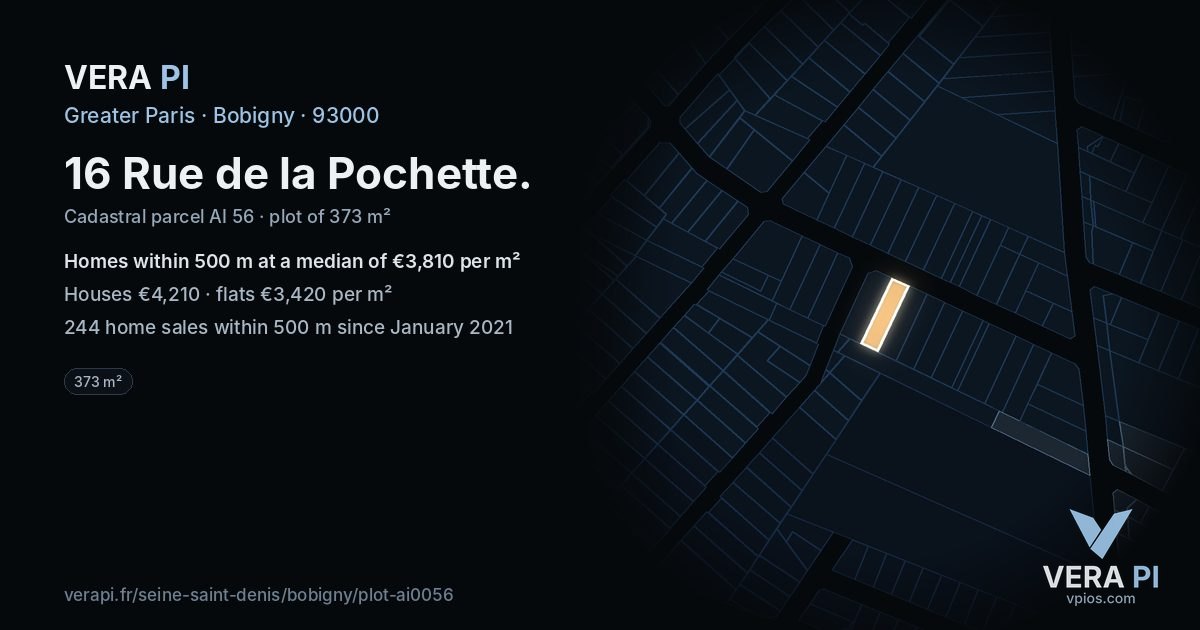 16 Rue de la Pochette, Bobigny at night – the plot lit, the parcels around coloured by the prices near them