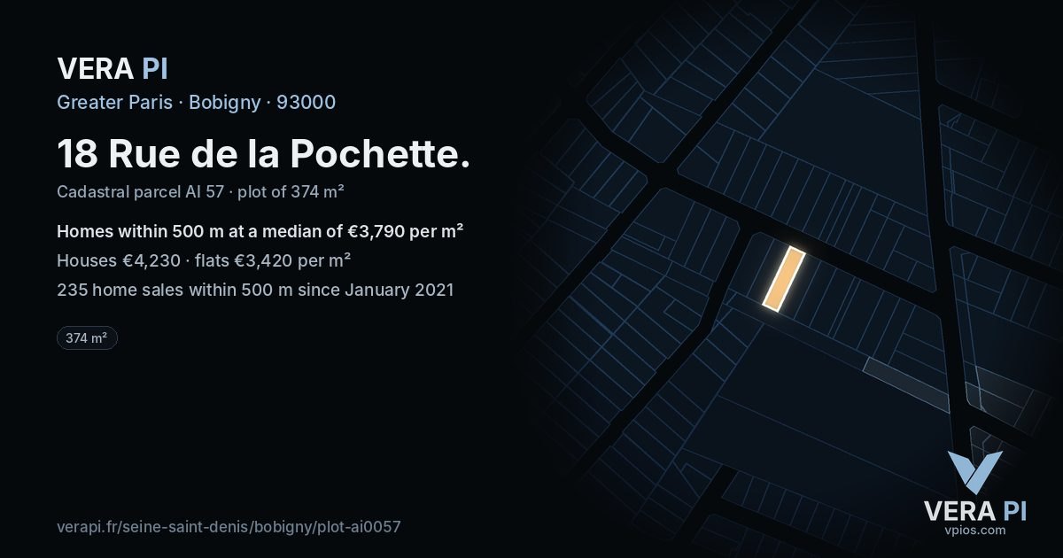18 Rue de la Pochette, Bobigny at night – the plot lit, the parcels around coloured by the prices near them