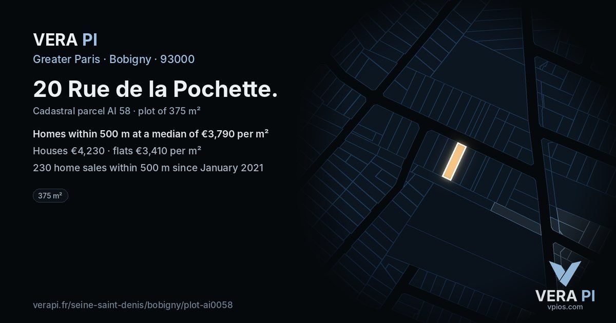 20 Rue de la Pochette, Bobigny at night – the plot lit, the parcels around coloured by the prices near them