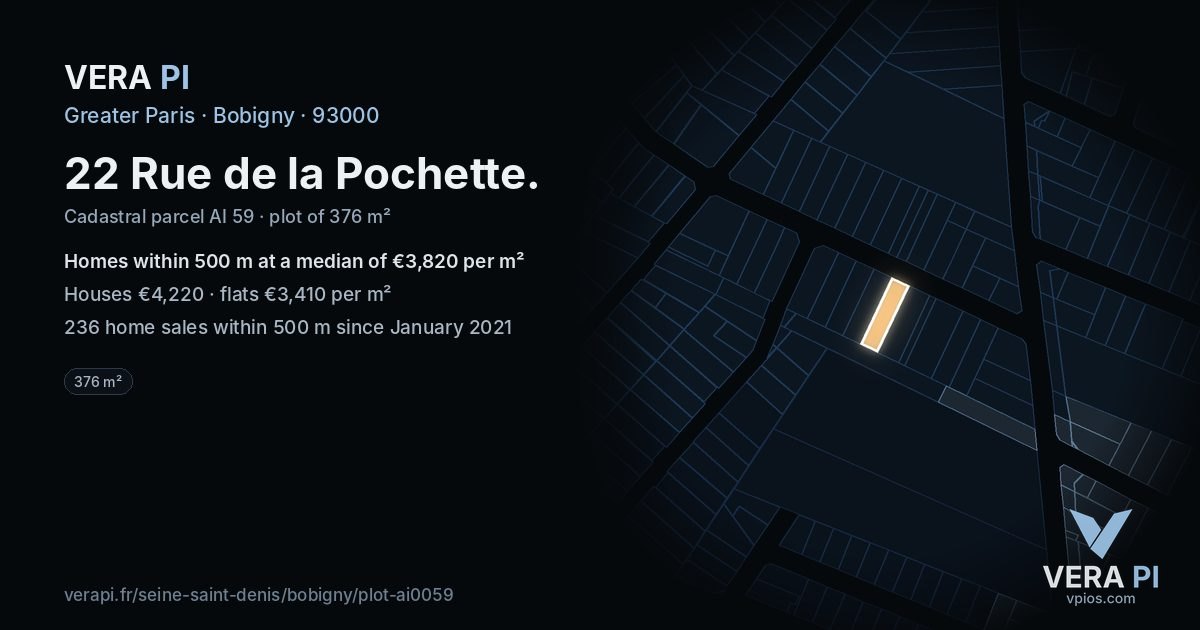 22 Rue de la Pochette, Bobigny at night – the plot lit, the parcels around coloured by the prices near them
