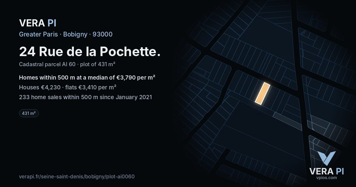 24 Rue de la Pochette, Bobigny at night – the plot lit, the parcels around coloured by the prices near them