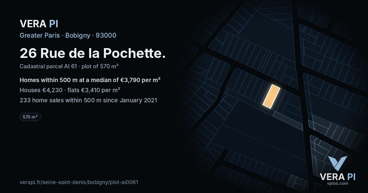 26 Rue de la Pochette, Bobigny at night – the plot lit, the parcels around coloured by the prices near them