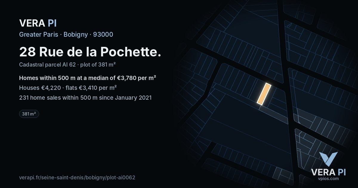 28 Rue de la Pochette, Bobigny at night – the plot lit, the parcels around coloured by the prices near them