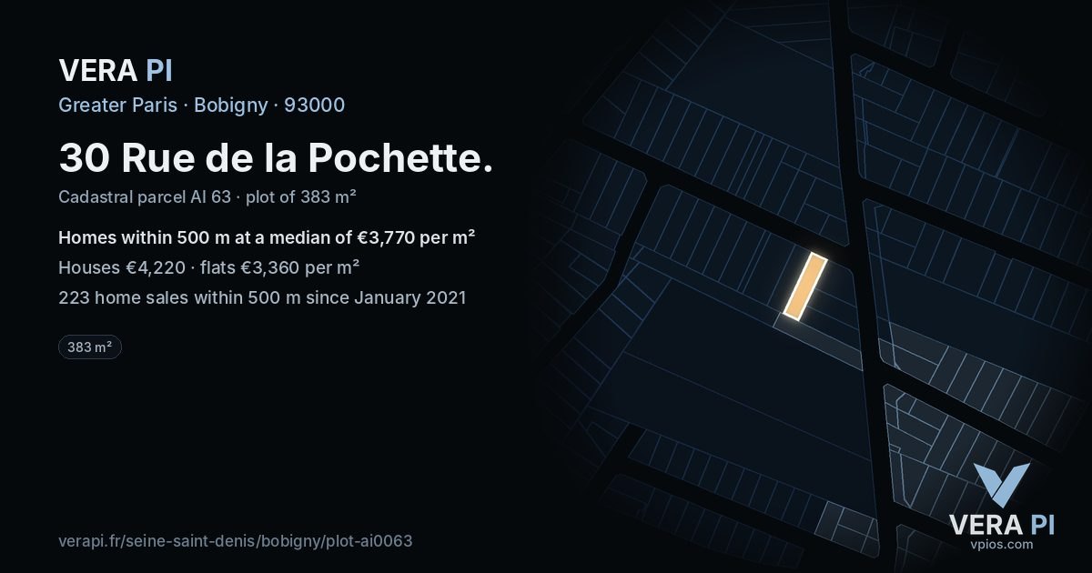 30 Rue de la Pochette, Bobigny at night – the plot lit, the parcels around coloured by the prices near them