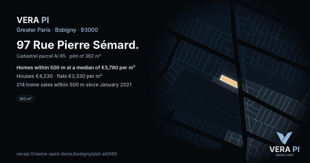 97 Rue Pierre Sémard, Bobigny at night – the plot lit, the parcels around coloured by the prices near them