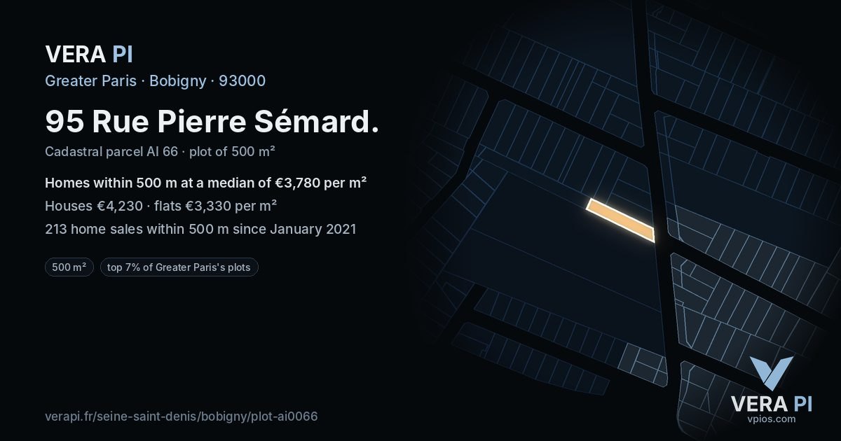 95 Rue Pierre Sémard, Bobigny at night – the plot lit, the parcels around coloured by the prices near them