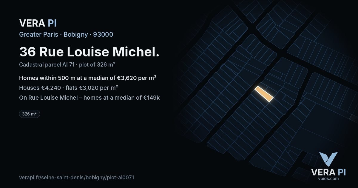 36 Rue Louise Michel, Bobigny at night – the plot lit, the parcels around coloured by the prices near them