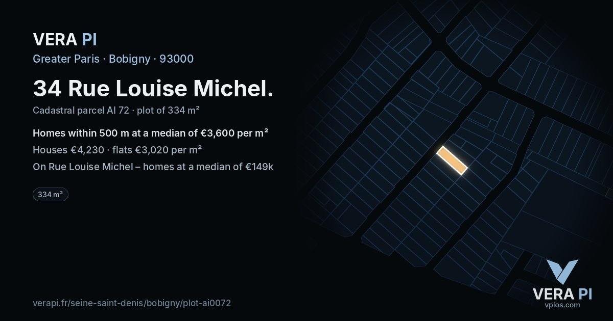 34 Rue Louise Michel, Bobigny at night – the plot lit, the parcels around coloured by the prices near them