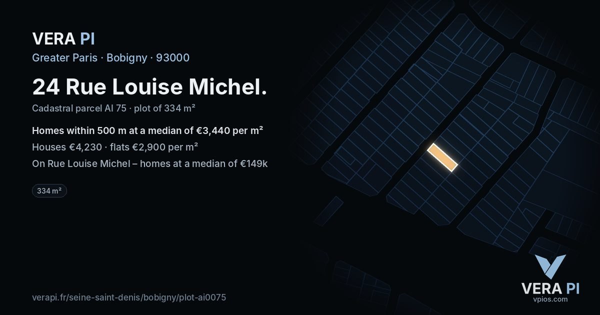 24 Rue Louise Michel, Bobigny at night – the plot lit, the parcels around coloured by the prices near them