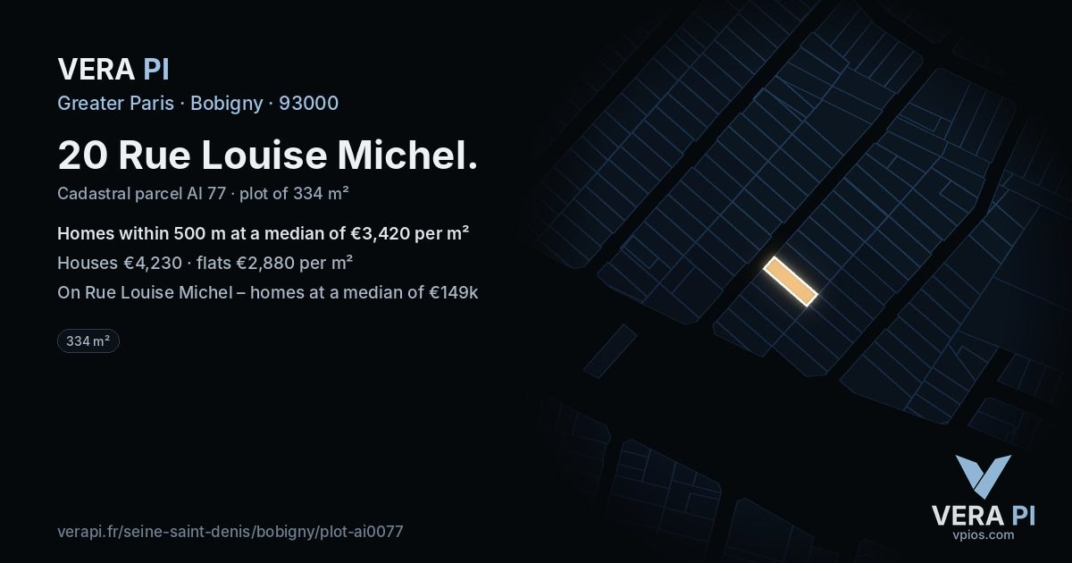 20 Rue Louise Michel, Bobigny at night – the plot lit, the parcels around coloured by the prices near them