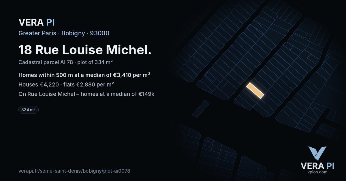 18 Rue Louise Michel, Bobigny at night – the plot lit, the parcels around coloured by the prices near them