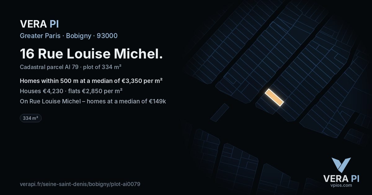 16 Rue Louise Michel, Bobigny at night – the plot lit, the parcels around coloured by the prices near them
