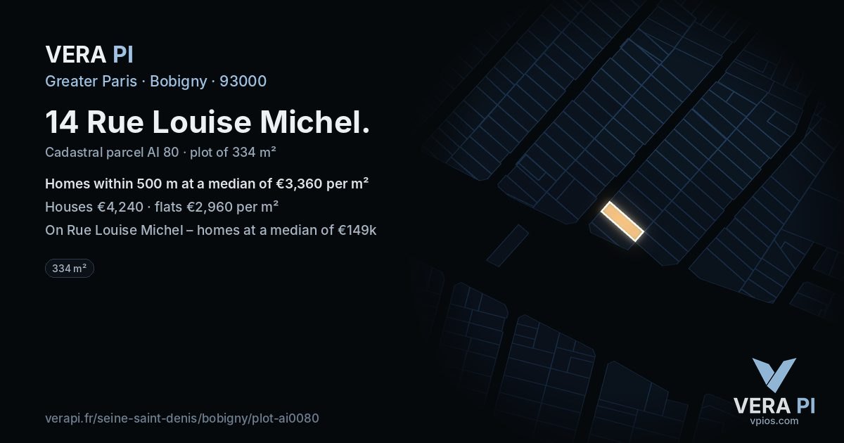 14 Rue Louise Michel, Bobigny at night – the plot lit, the parcels around coloured by the prices near them