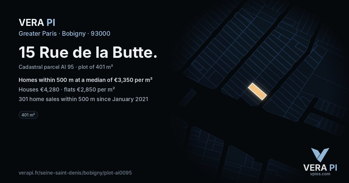 15 Rue de la Butte, Bobigny at night – the plot lit, the parcels around coloured by the prices near them