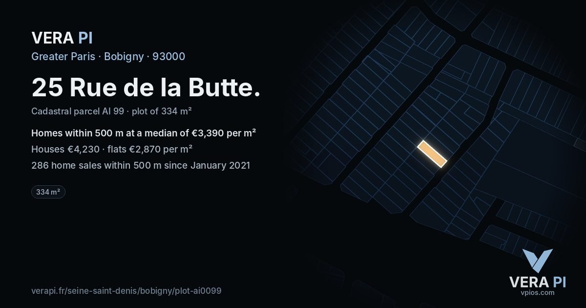 25 Rue de la Butte, Bobigny at night – the plot lit, the parcels around coloured by the prices near them
