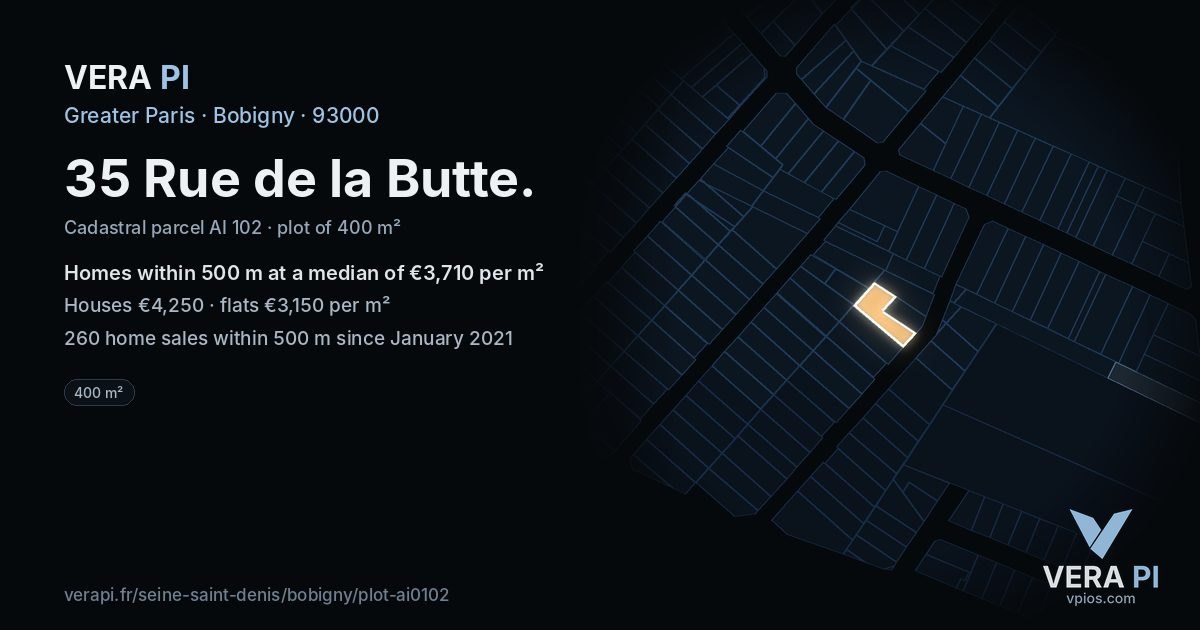 35 Rue de la Butte, Bobigny at night – the plot lit, the parcels around coloured by the prices near them