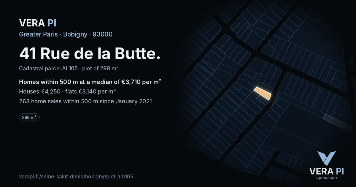 41 Rue de la Butte, Bobigny at night – the plot lit, the parcels around coloured by the prices near them