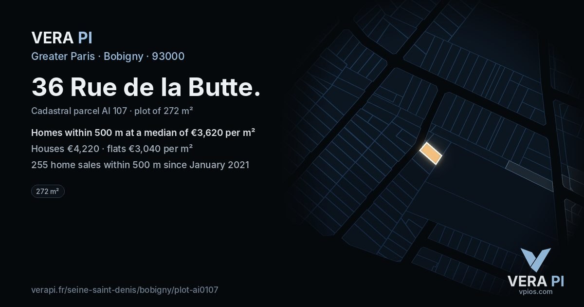 36 Rue de la Butte, Bobigny at night – the plot lit, the parcels around coloured by the prices near them