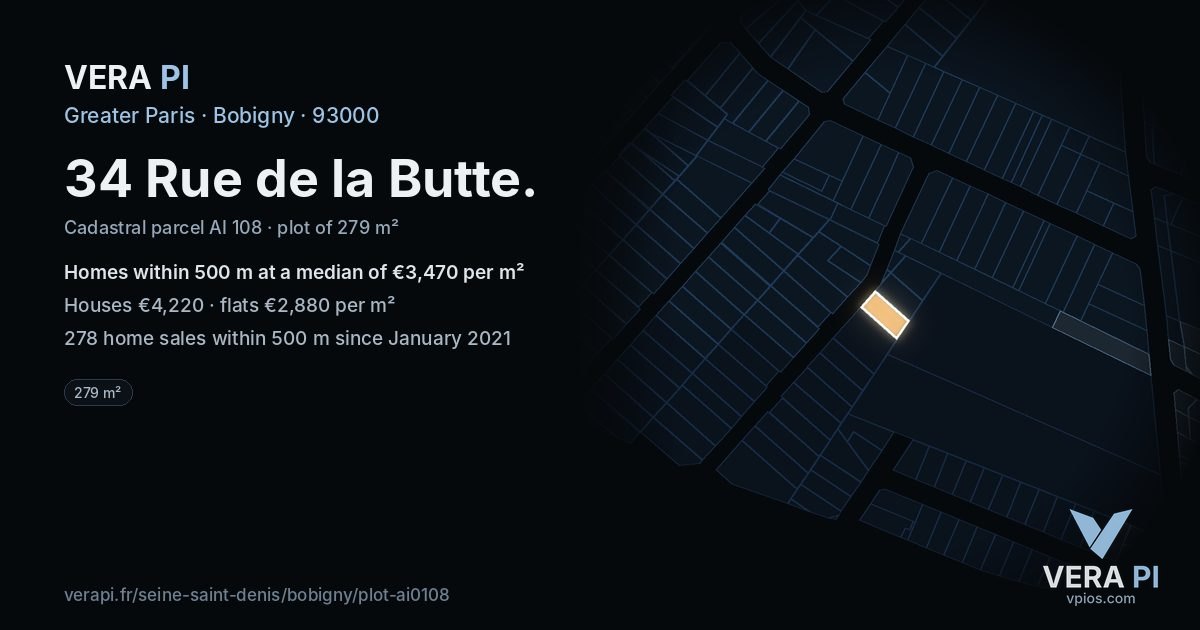 34 Rue de la Butte, Bobigny at night – the plot lit, the parcels around coloured by the prices near them