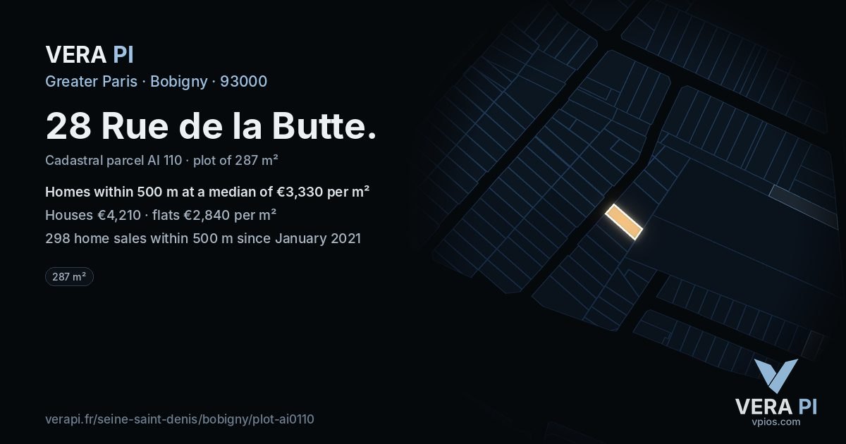 28 Rue de la Butte, Bobigny at night – the plot lit, the parcels around coloured by the prices near them