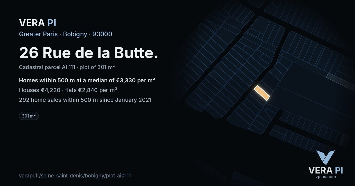 26 Rue de la Butte, Bobigny at night – the plot lit, the parcels around coloured by the prices near them