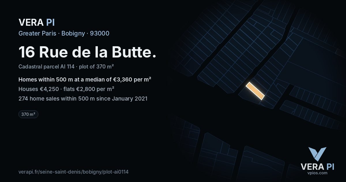16 Rue de la Butte, Bobigny at night – the plot lit, the parcels around coloured by the prices near them