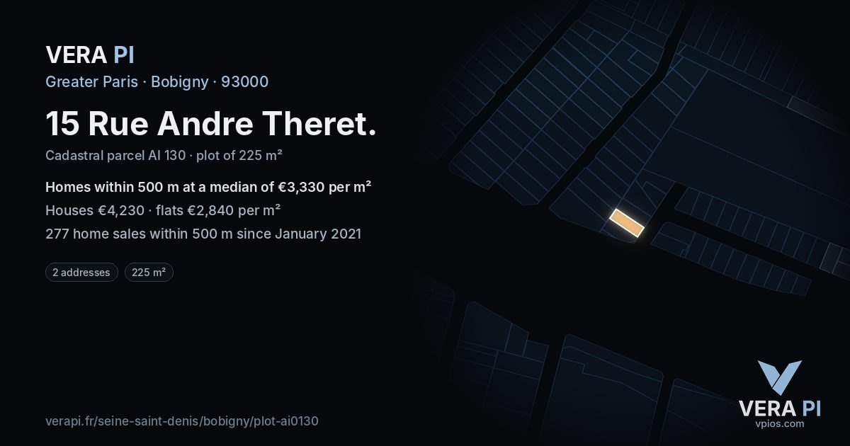 15 Rue Andre Theret, Bobigny at night – the plot lit, the parcels around coloured by the prices near them