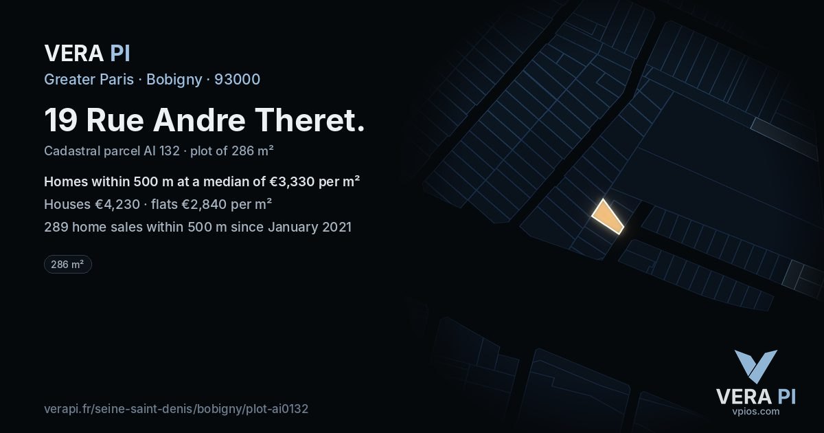 19 Rue Andre Theret, Bobigny at night – the plot lit, the parcels around coloured by the prices near them