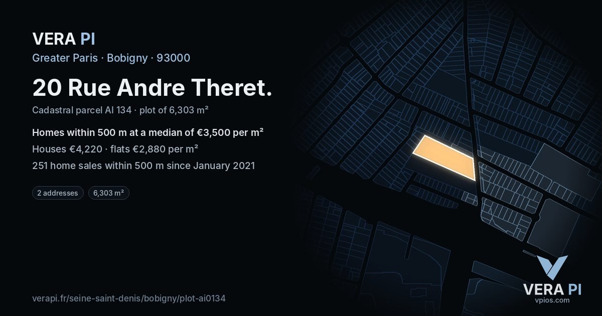 20 Rue Andre Theret, Bobigny at night – the plot lit, the parcels around coloured by the prices near them