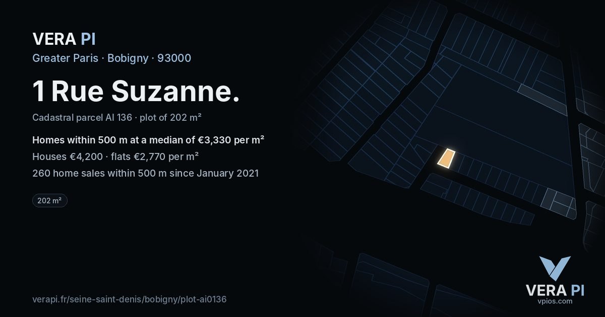 1 Rue Suzanne, Bobigny at night – the plot lit, the parcels around coloured by the prices near them