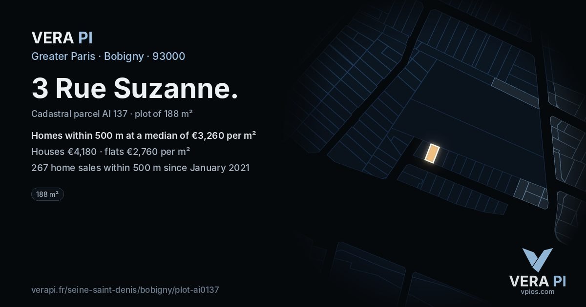 3 Rue Suzanne, Bobigny at night – the plot lit, the parcels around coloured by the prices near them