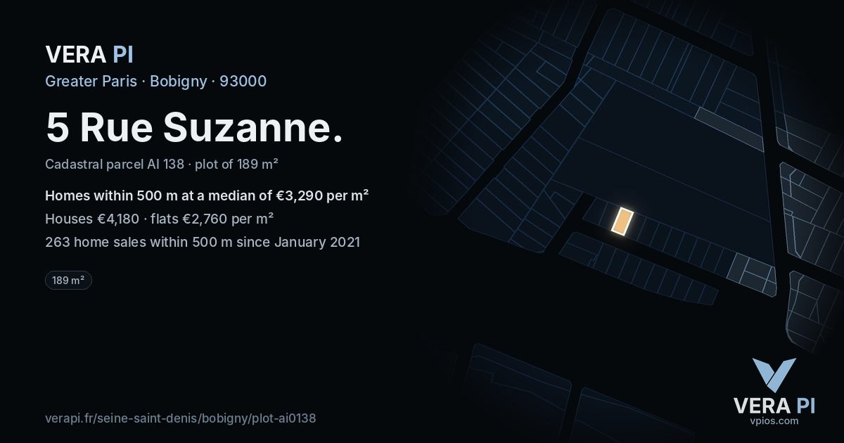 5 Rue Suzanne, Bobigny at night – the plot lit, the parcels around coloured by the prices near them