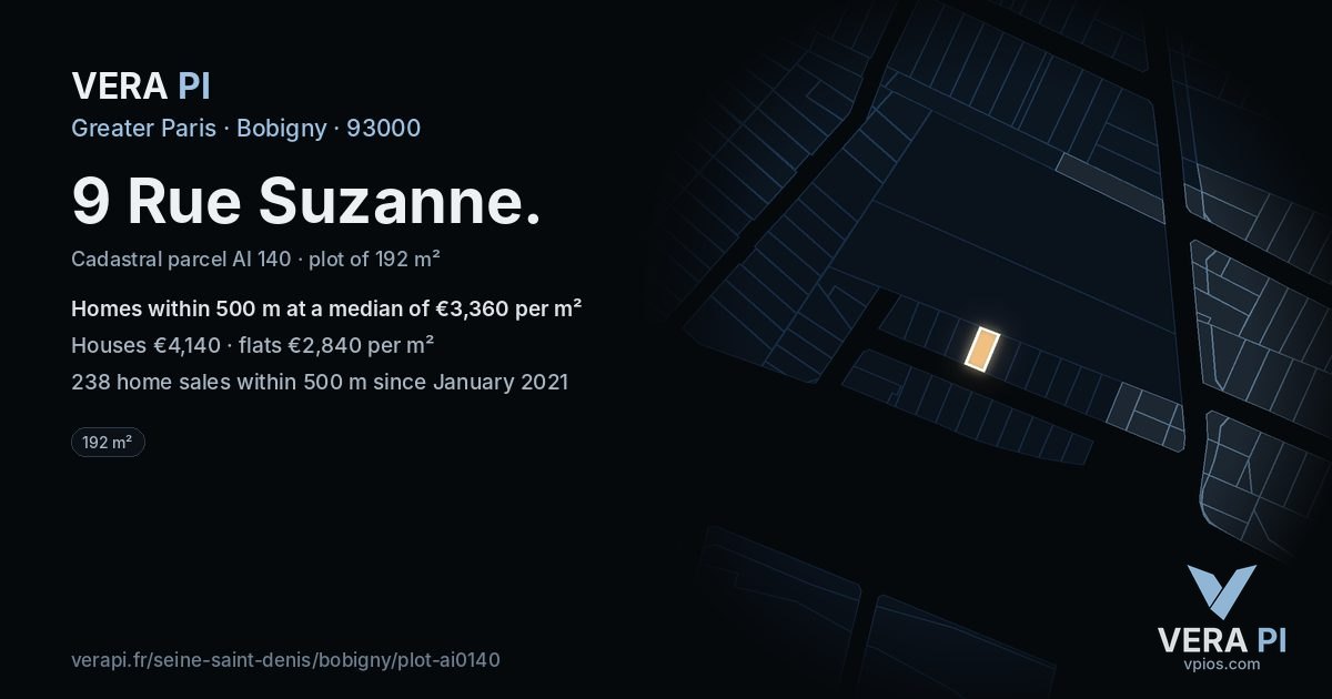 9 Rue Suzanne, Bobigny at night – the plot lit, the parcels around coloured by the prices near them