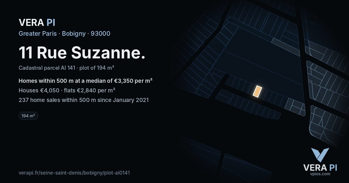 11 Rue Suzanne, Bobigny at night – the plot lit, the parcels around coloured by the prices near them