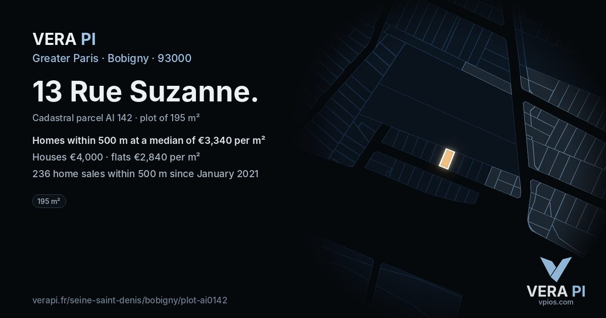 13 Rue Suzanne, Bobigny at night – the plot lit, the parcels around coloured by the prices near them