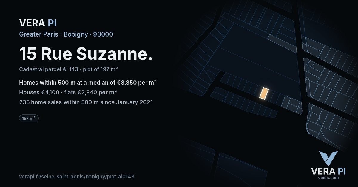 15 Rue Suzanne, Bobigny at night – the plot lit, the parcels around coloured by the prices near them