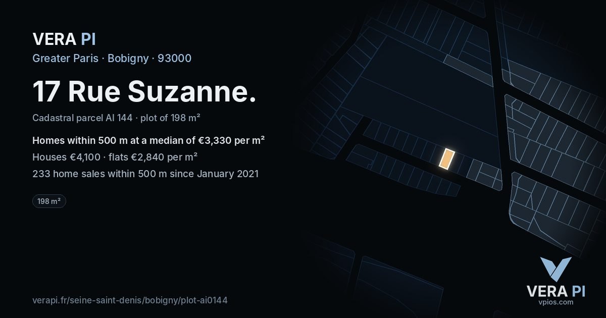 17 Rue Suzanne, Bobigny at night – the plot lit, the parcels around coloured by the prices near them