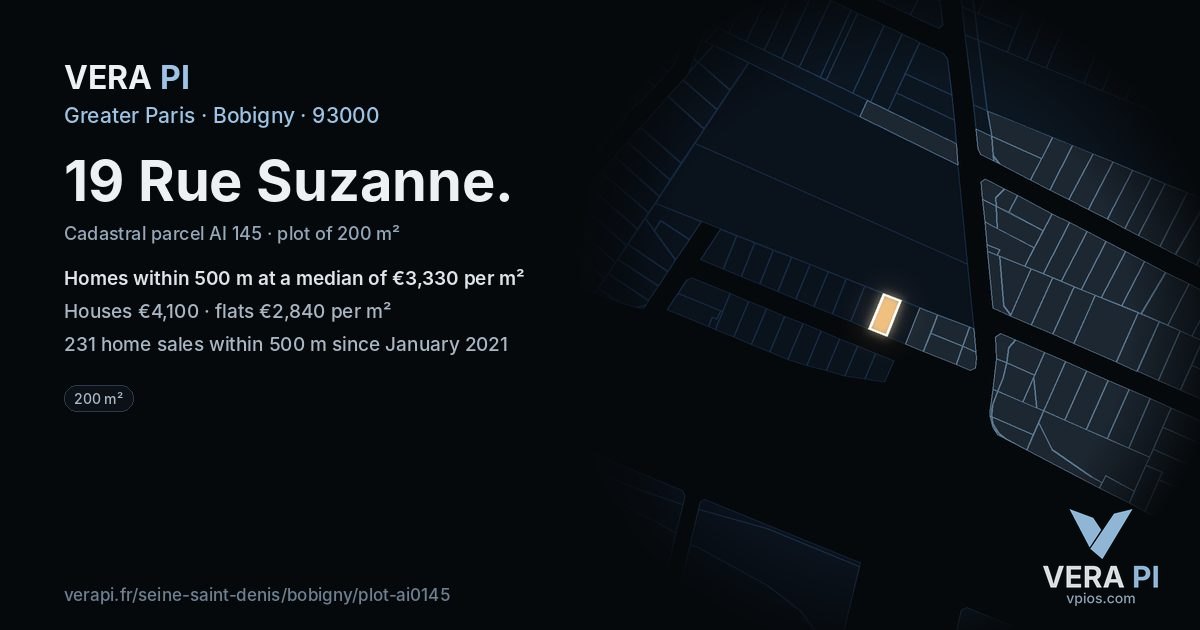 19 Rue Suzanne, Bobigny at night – the plot lit, the parcels around coloured by the prices near them