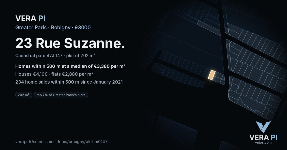 23 Rue Suzanne, Bobigny at night – the plot lit, the parcels around coloured by the prices near them