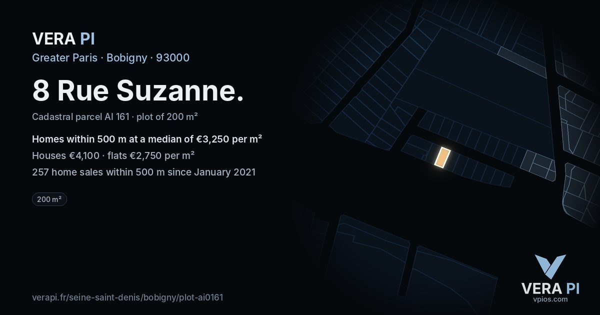 8 Rue Suzanne, Bobigny at night – the plot lit, the parcels around coloured by the prices near them