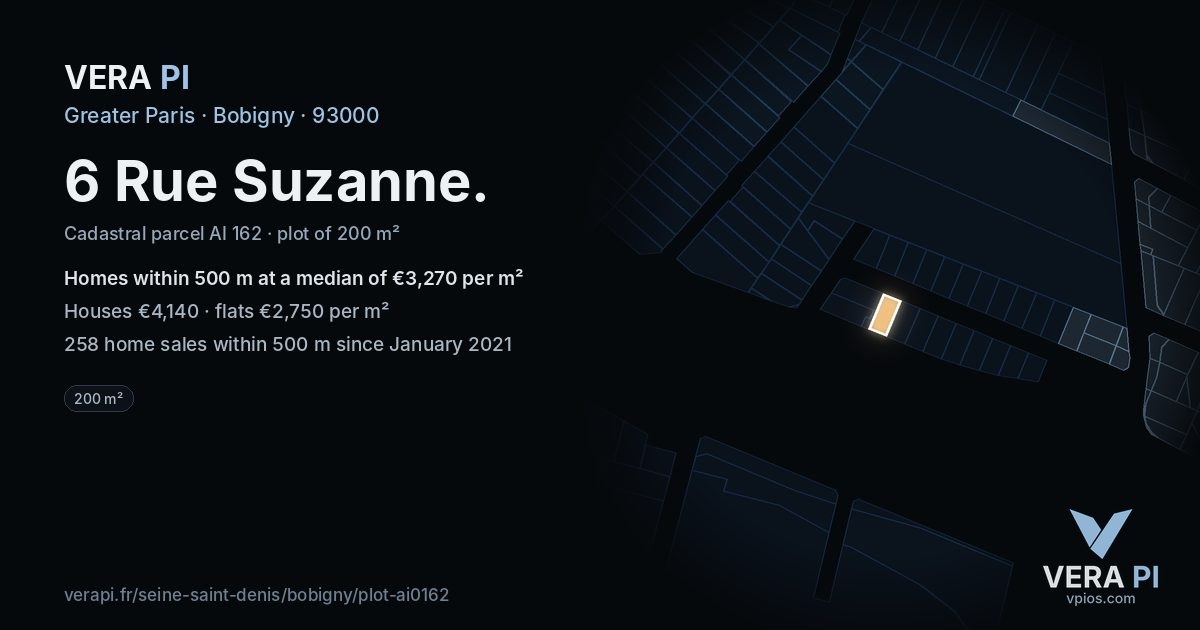 6 Rue Suzanne, Bobigny at night – the plot lit, the parcels around coloured by the prices near them