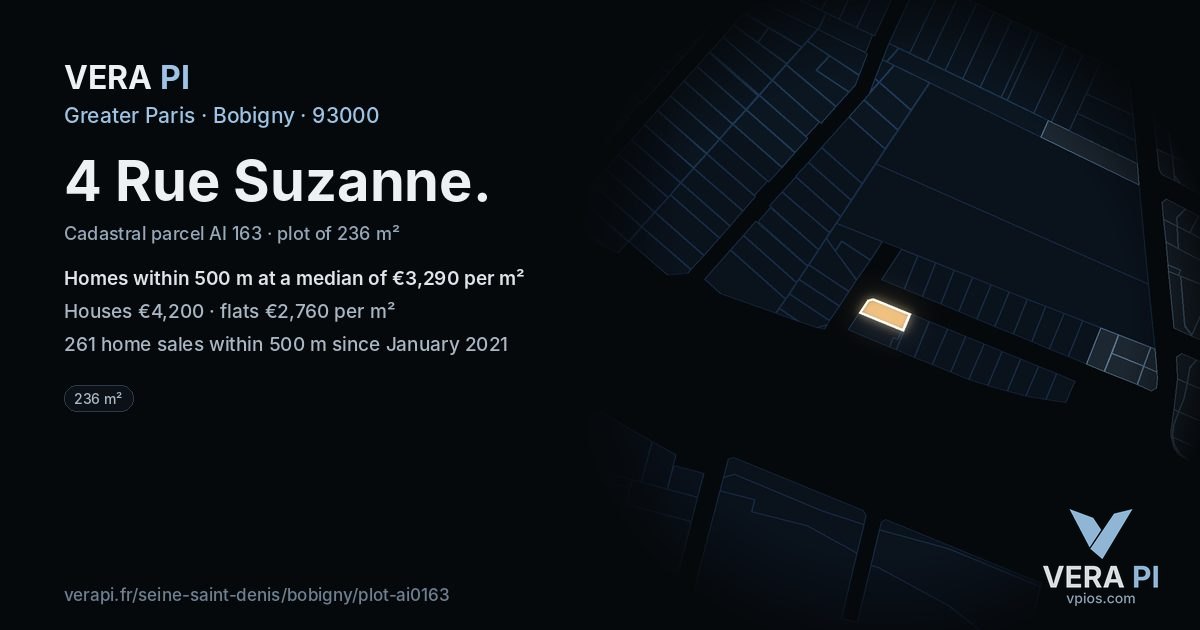4 Rue Suzanne, Bobigny at night – the plot lit, the parcels around coloured by the prices near them