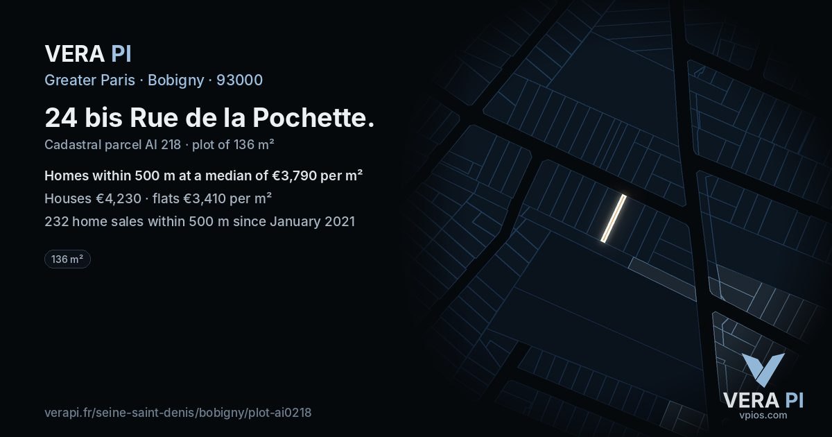 24 bis Rue de la Pochette, Bobigny at night – the plot lit, the parcels around coloured by the prices near them