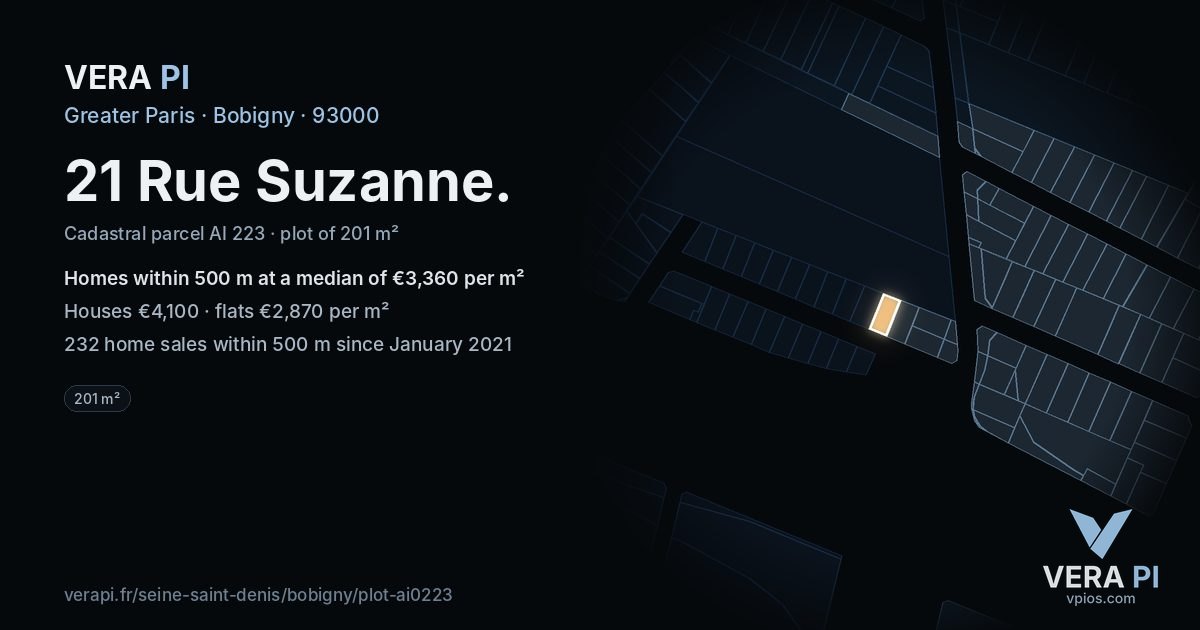 21 Rue Suzanne, Bobigny at night – the plot lit, the parcels around coloured by the prices near them
