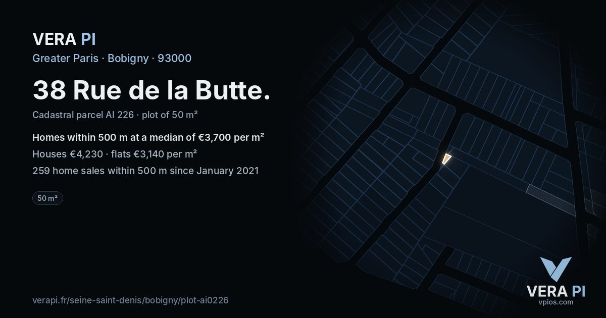 38 Rue de la Butte, Bobigny at night – the plot lit, the parcels around coloured by the prices near them