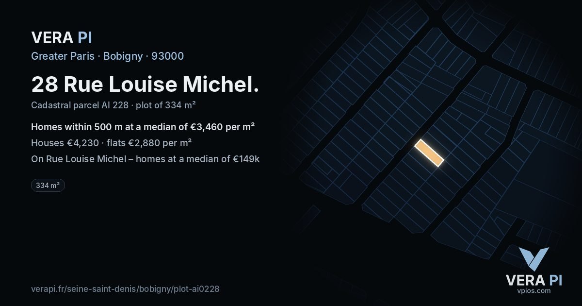 28 Rue Louise Michel, Bobigny at night – the plot lit, the parcels around coloured by the prices near them