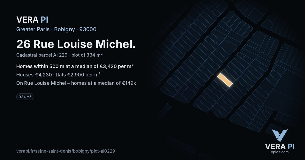 26 Rue Louise Michel, Bobigny at night – the plot lit, the parcels around coloured by the prices near them
