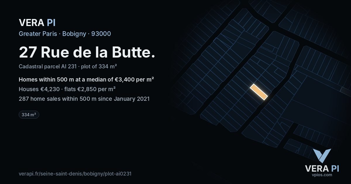 27 Rue de la Butte, Bobigny at night – the plot lit, the parcels around coloured by the prices near them